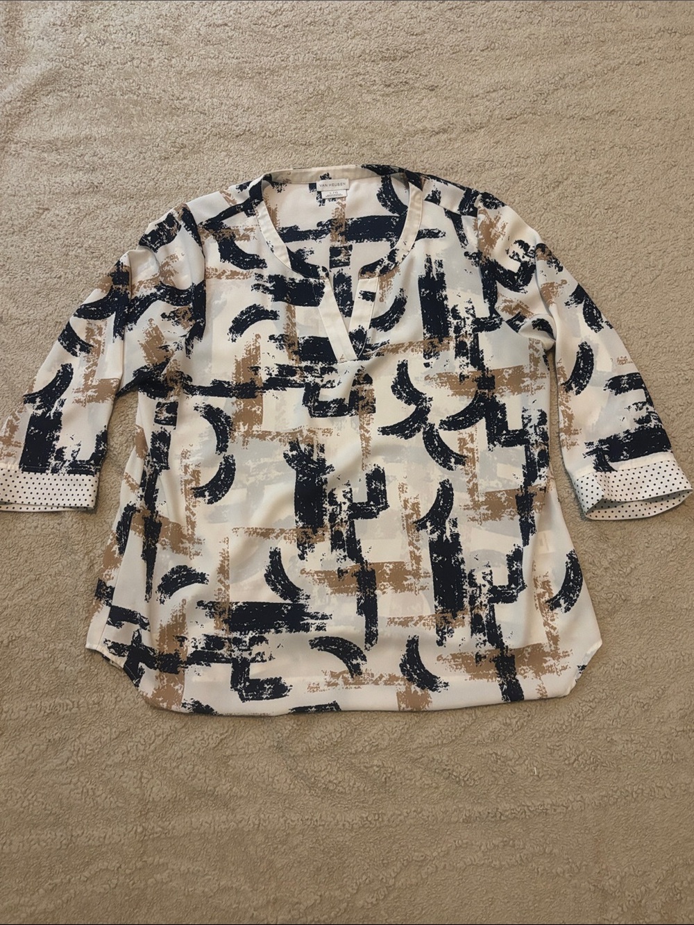 Van Heusen Abstract Brushstroke V-Neck Blouse in Navy, Tan and Cream